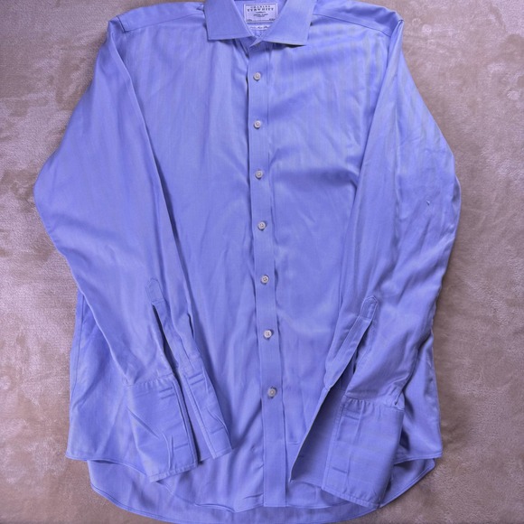 Charles Tyrwhitt Dress Shirt 17/37 Non Iron Slim Blue Herringbone French Cuff - Picture 1 of 6